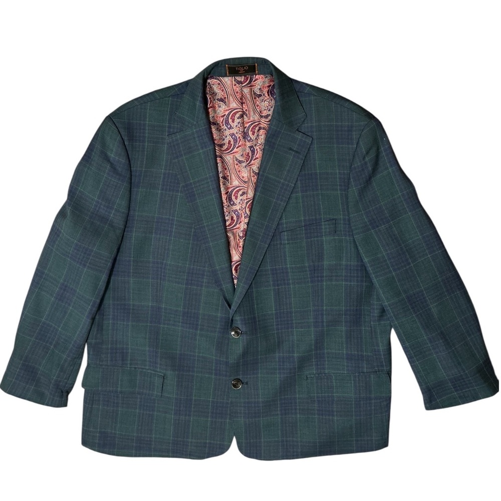 Tiglio Luxe Modern Fit 100% Wool Blazer Green & Blue Windowpane Pattern Size 48R